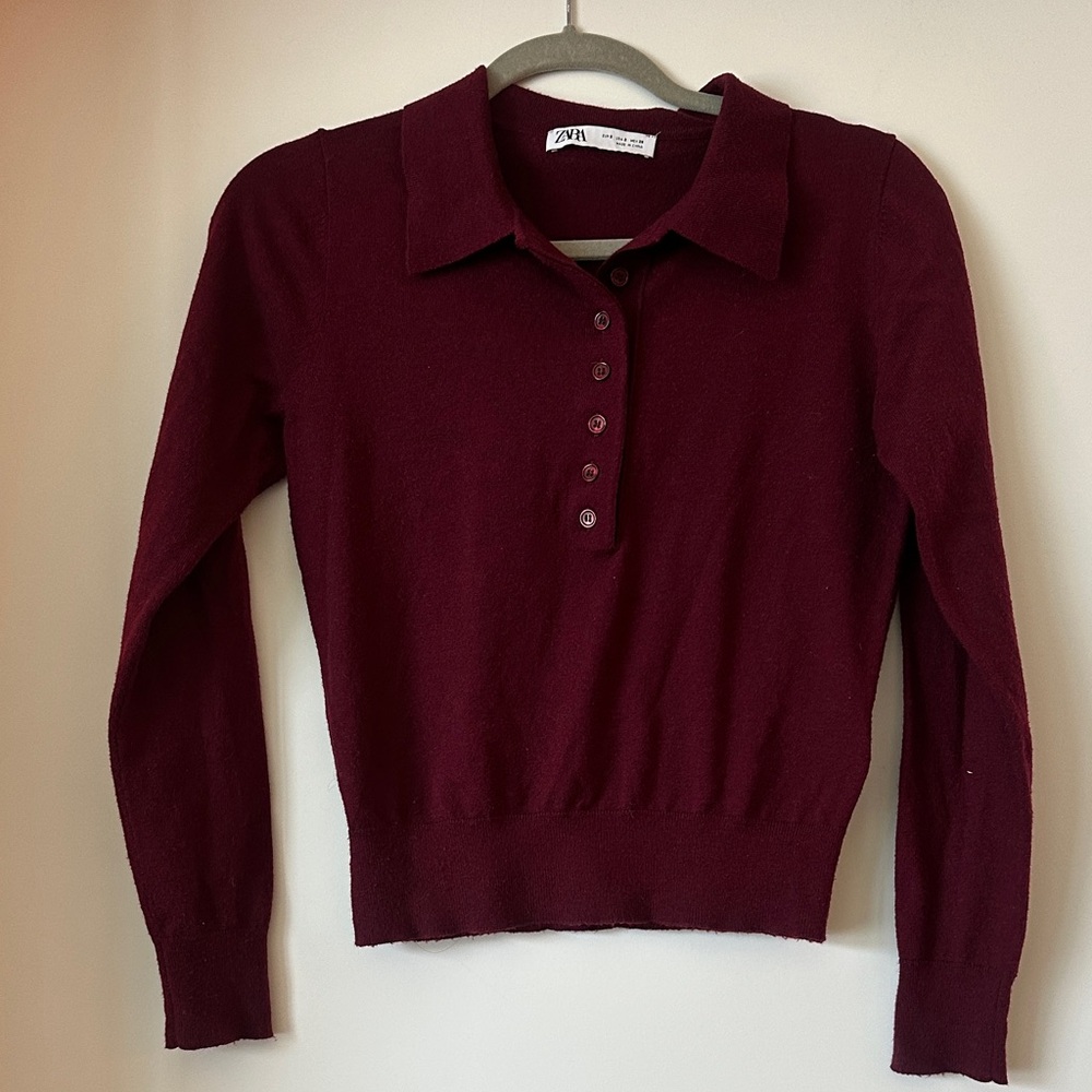 Zara Women's Burgundy Long Sleeve Polo Sweater